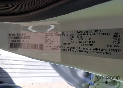 2020 Ram 1500 Laramie из США, поврежденный, VIN 1C6SRFJT8LN370704